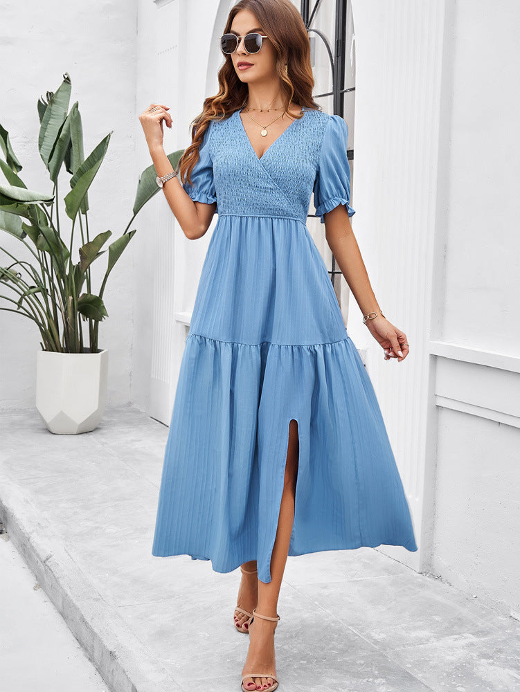 Elegant Midikleid Mit Schlitz Langarm V-Ausschnitt - Sommer Kleider Verschiedene Farben