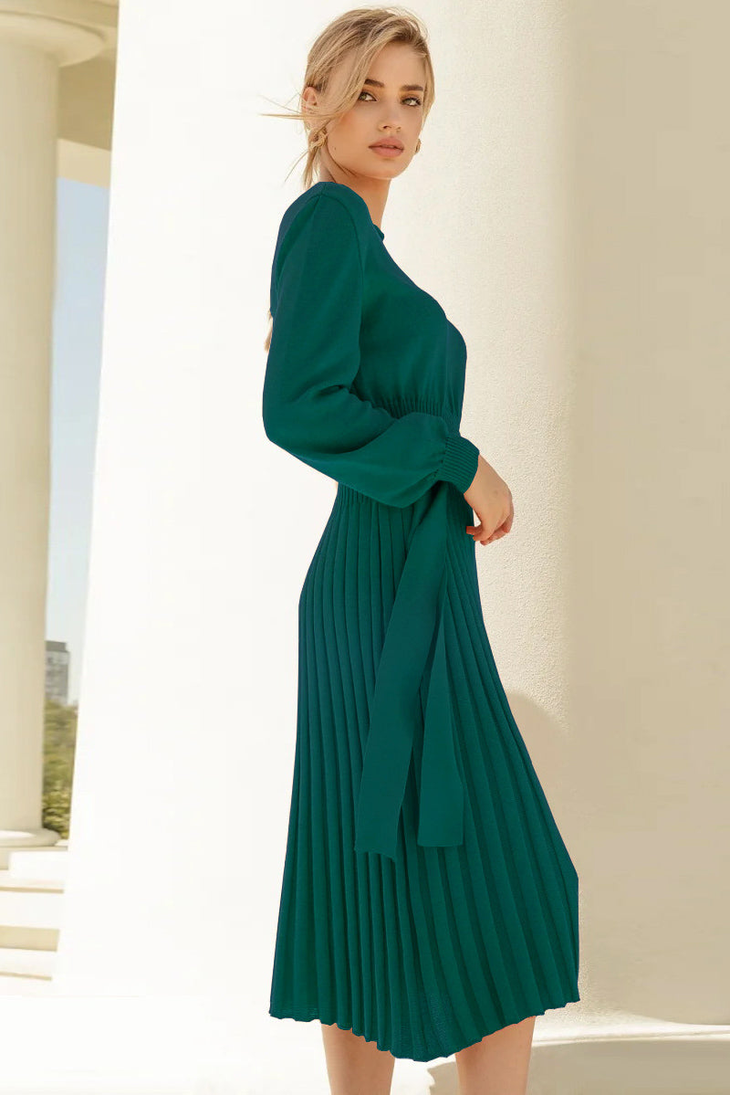 Balloon Sleeves Ribbed Knit Pleated Dress