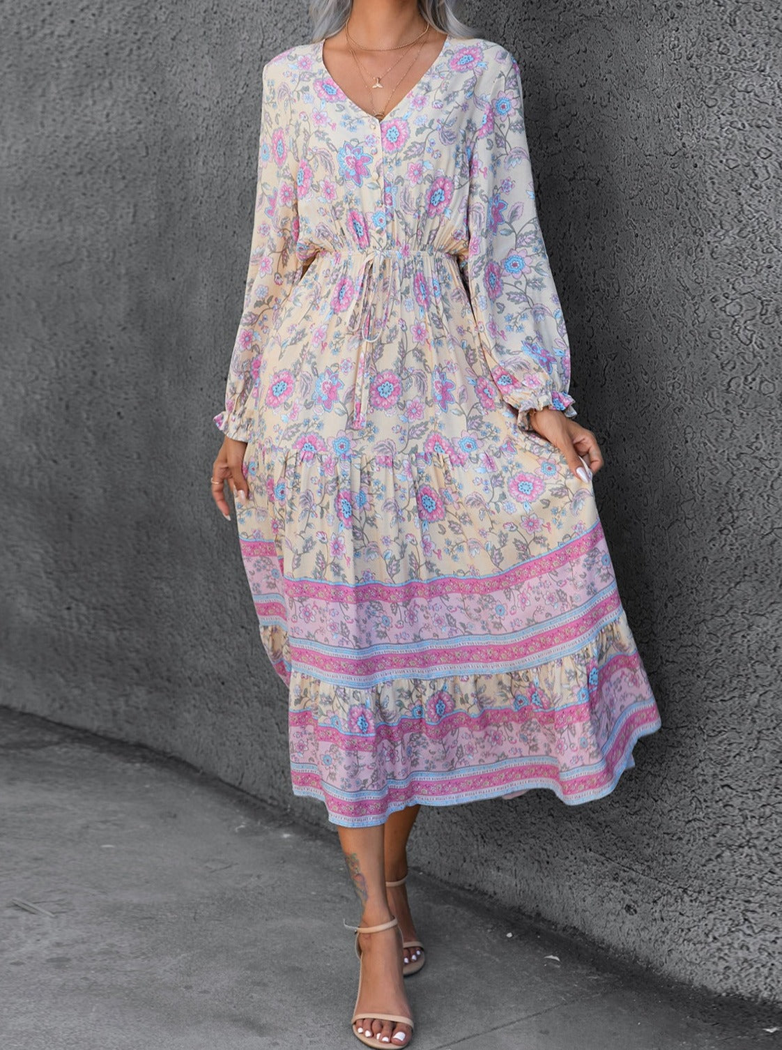 Bohemian Print Long Sleeve Swing Dress