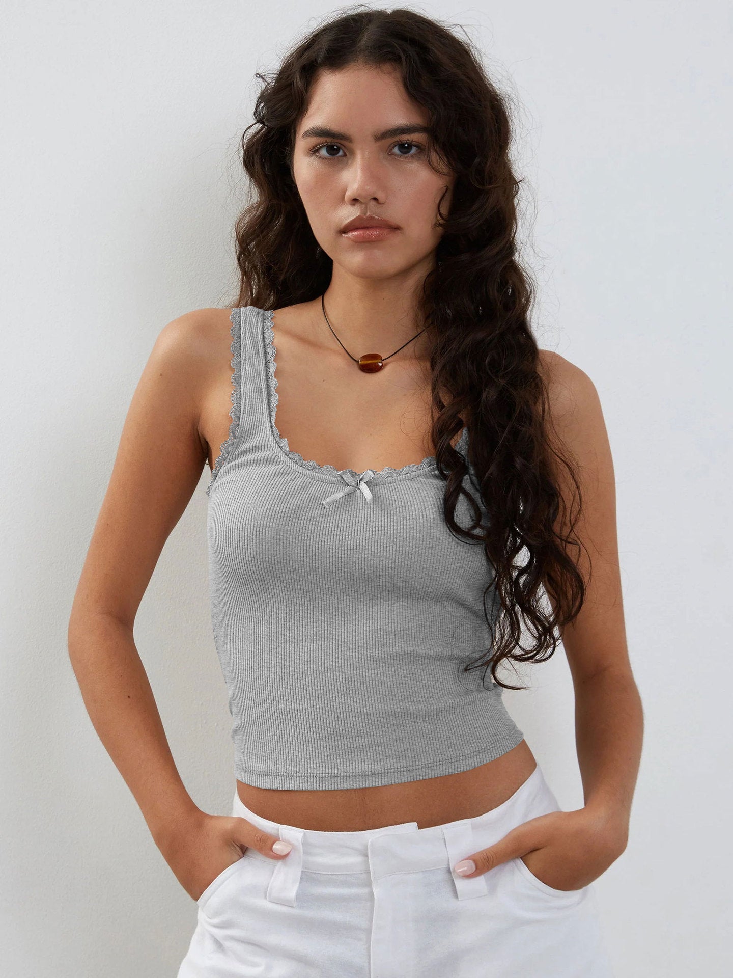 Grey Tank Lace Sleeveless Crop Top