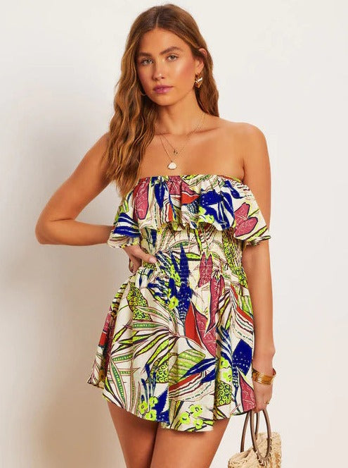 Yellow Green Strapless Tropical Printed Tube Top Dress