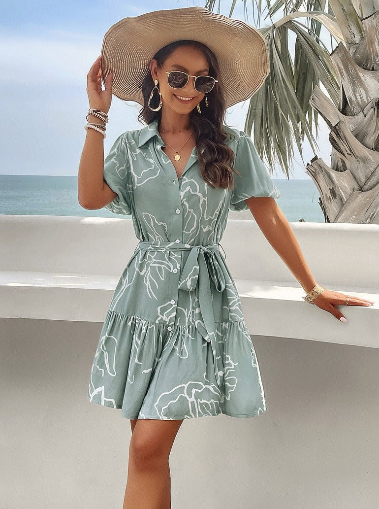 Gray Abstract V-Neck Short Sleeve Mini Dress