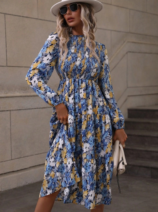 Floral Printed Lantern Sleeve Flared Dress