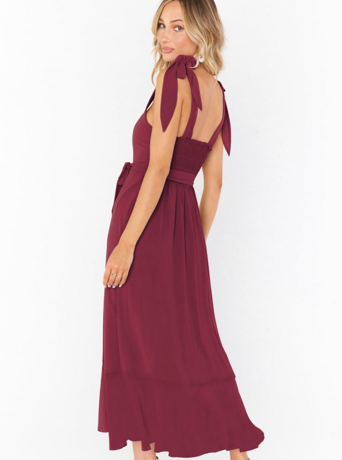 Bordeaux Sommerkleid Midi Elegant Mit Schleife und Schlitz