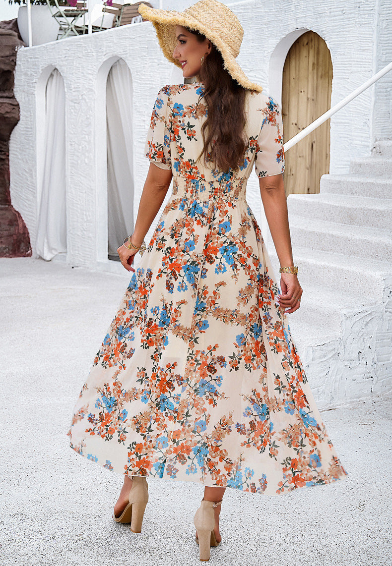 Apricot Floral Printed V-Neck Sundress