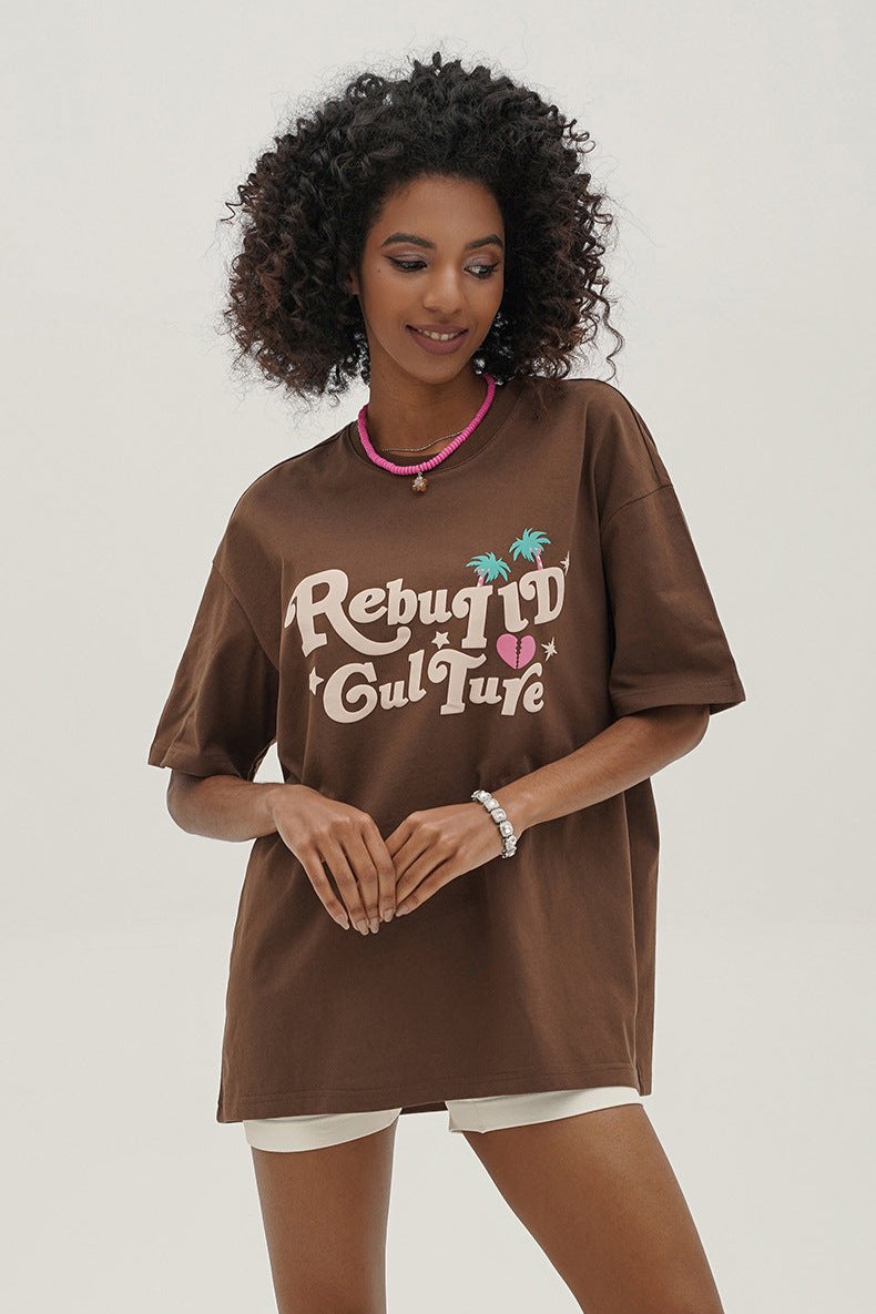 Trendy Brown Letter Printed Short Sleeve Cotton Shirt