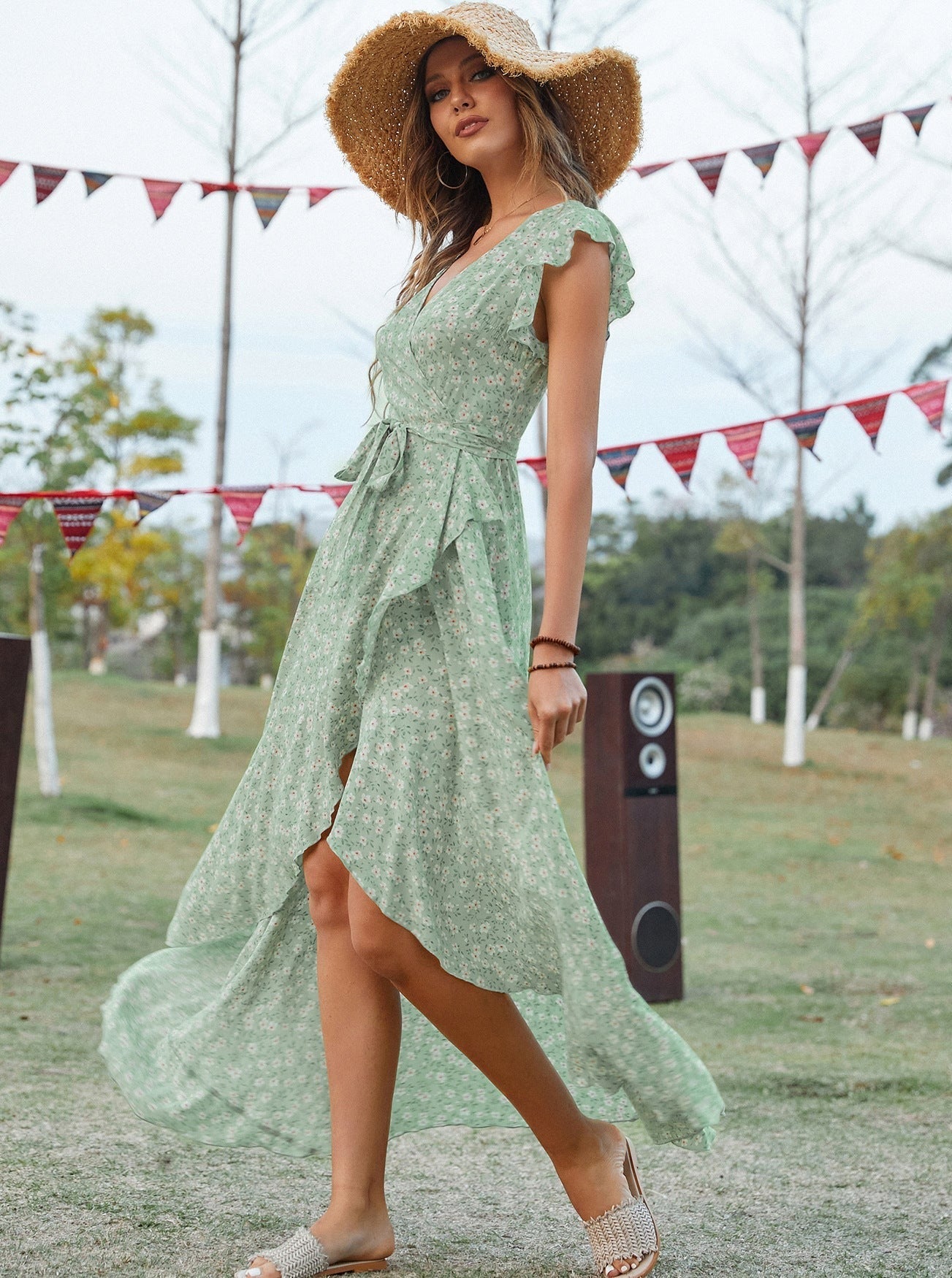 Bohemian Floral Print Vintage Cotton Slit Midi Dress