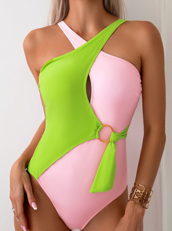 2 Tone Color Block Tie-Side One Piece Swim Suit