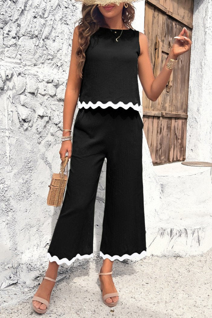 Black Summer Wavy Hem Sleeveless Top and Pants Set