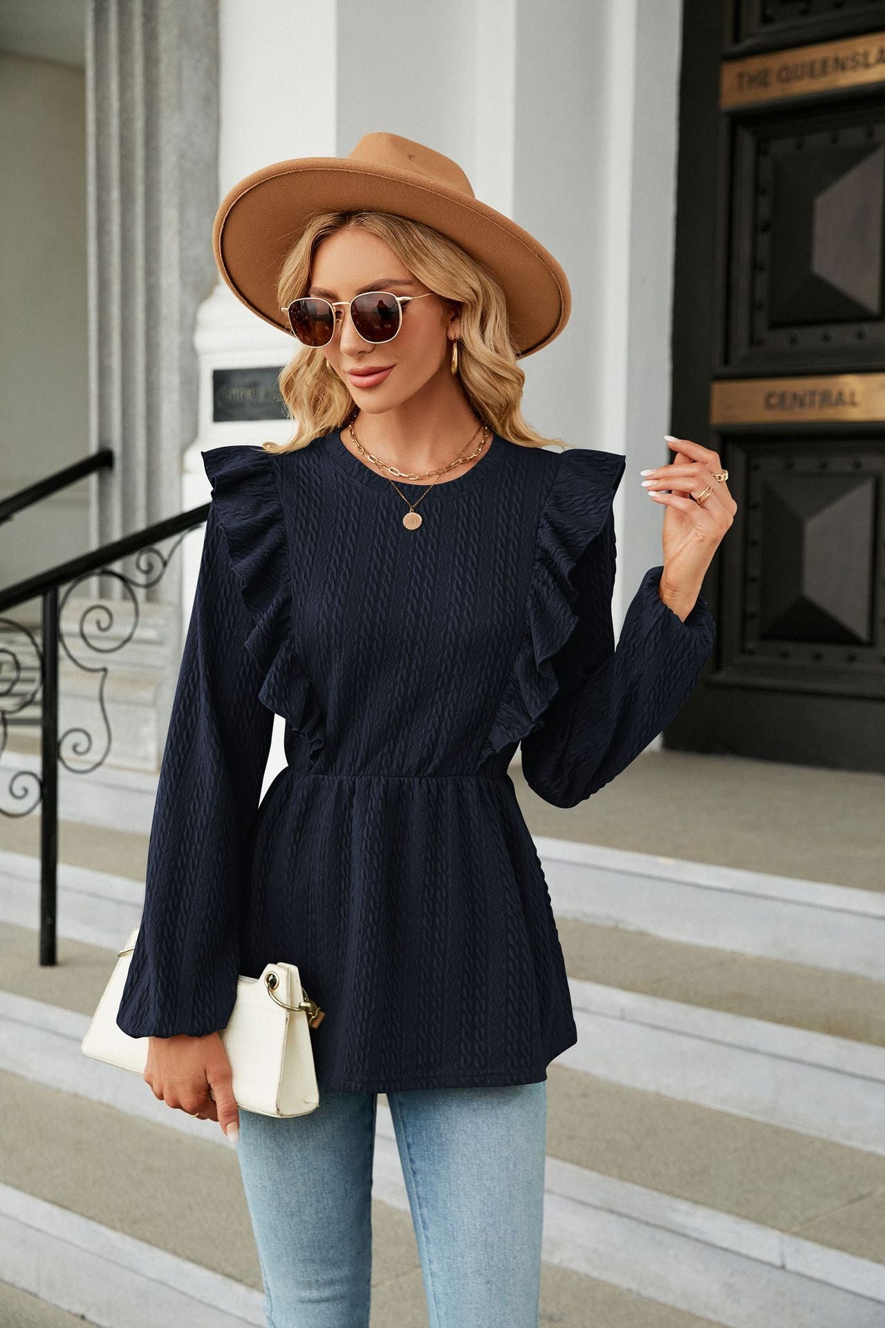 Classic Dark Blue Long Sleeve Round Neck Ruffle Blouse