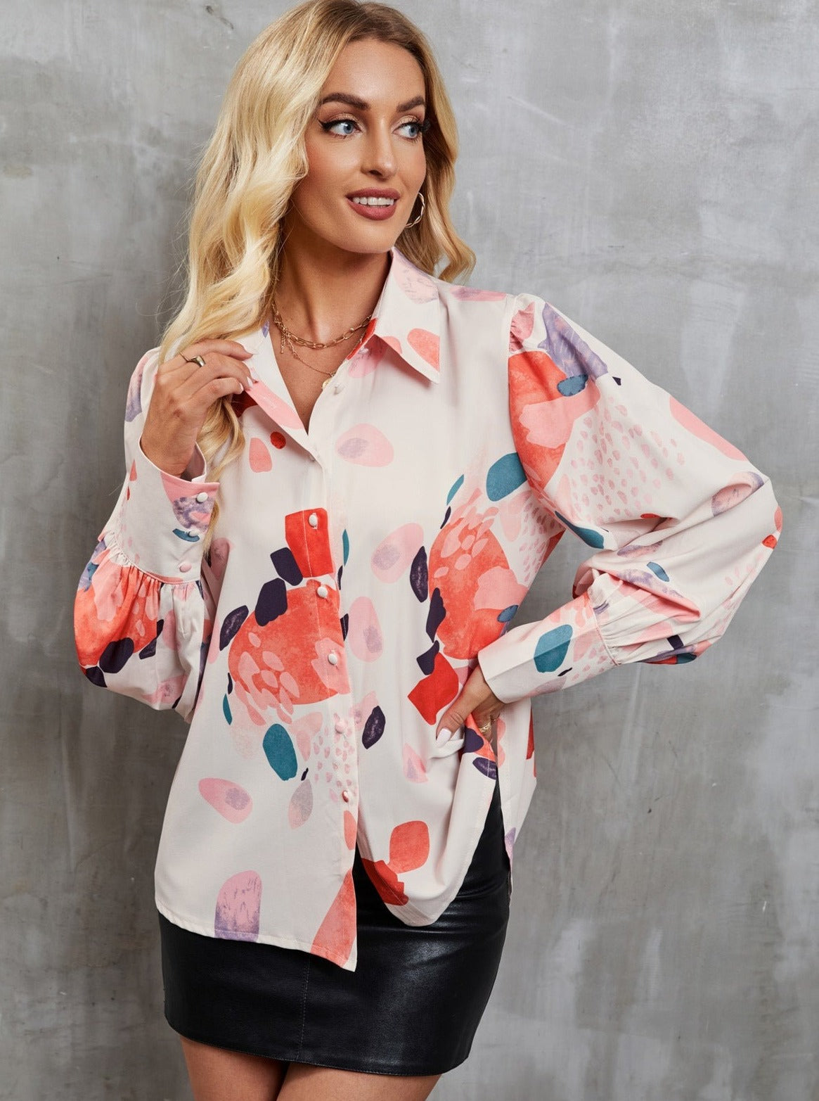 Casual Loose Printed Lantern Long Sleeve Shirt