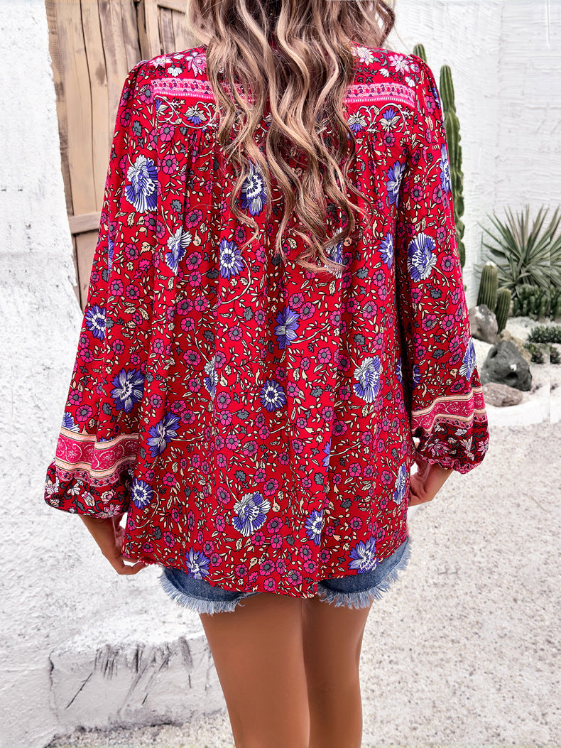 Red Retro Floral Printed Tassel Shirt