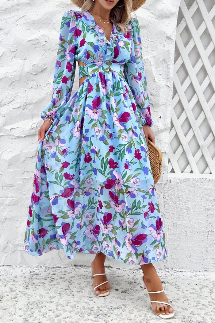 Long Sleeve Deep V-Neck Floral Maxi Dress