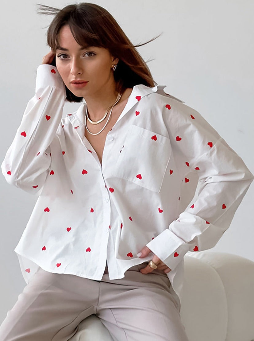 Heart Print Long Sleeve Pocket Shirt