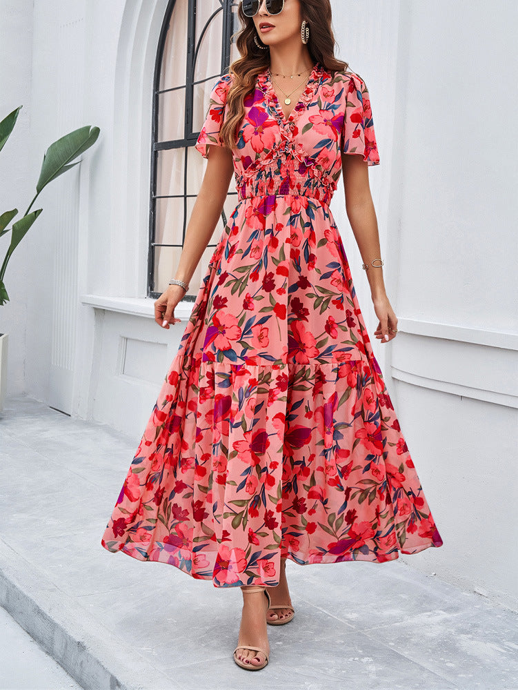 Pink V-Neck Floral Printed Sundress