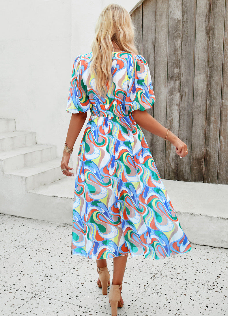 Casual V-Neck Printed High Waist Long Dress