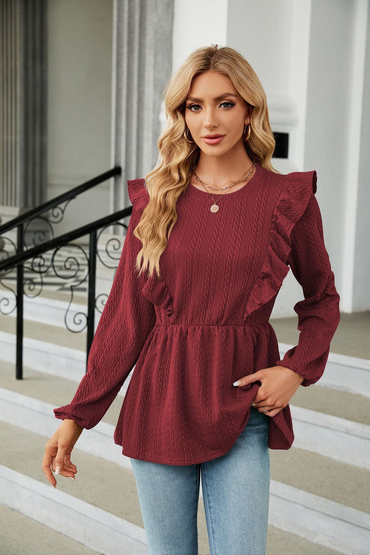 Classic Red Long Sleeve Round Neck Ruffle Blouse