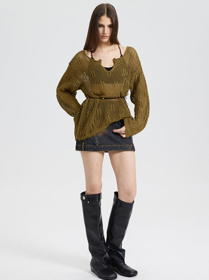 Sexy Bohemian Long-Sleeve Notch Neck Knitted Sweater with String Belt