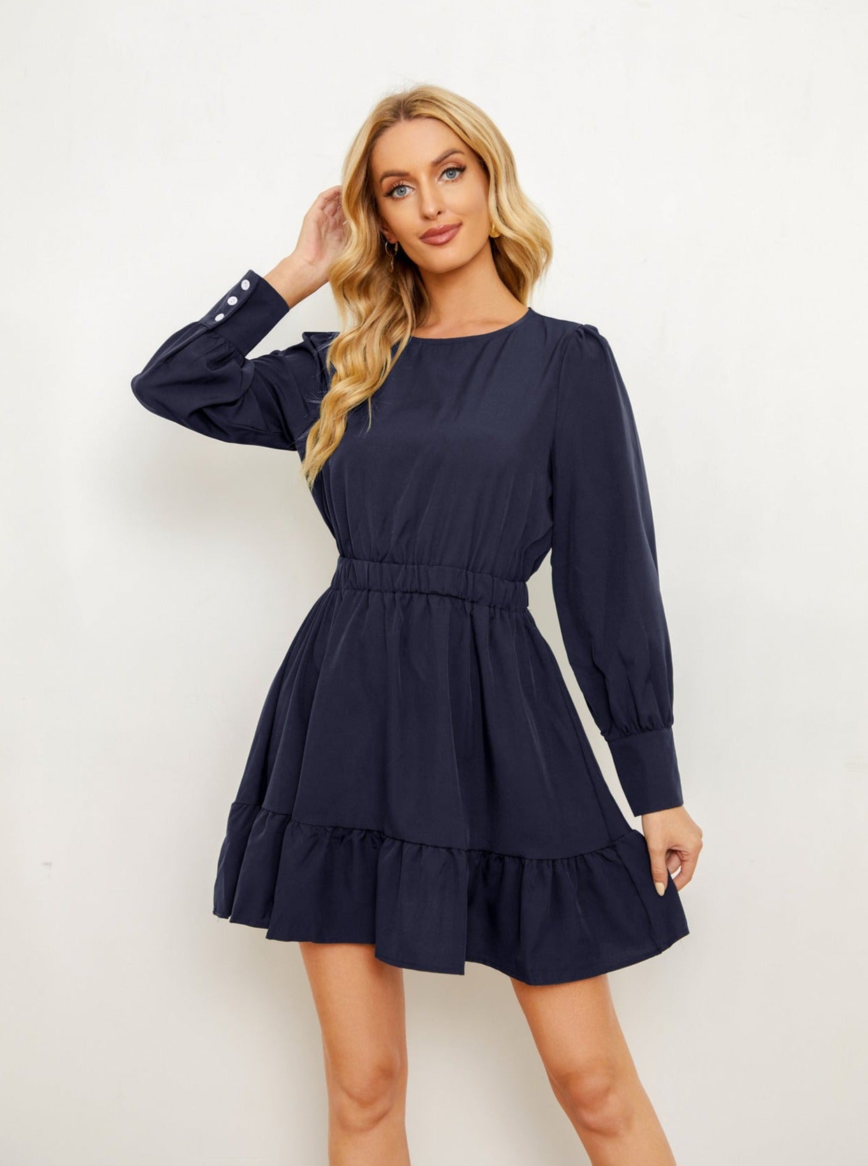 Solid Color Ruffle Long Sleeve Short Dress