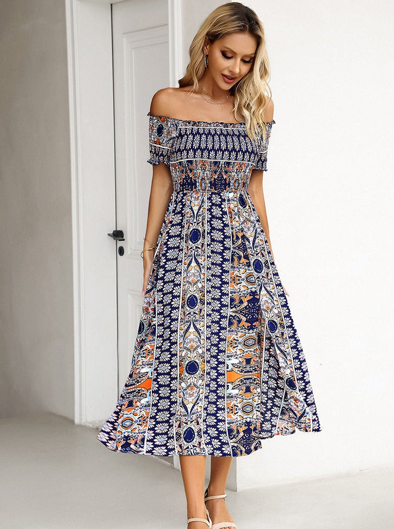 Summer Off Shoulder Bohemian Slit Midi Dress