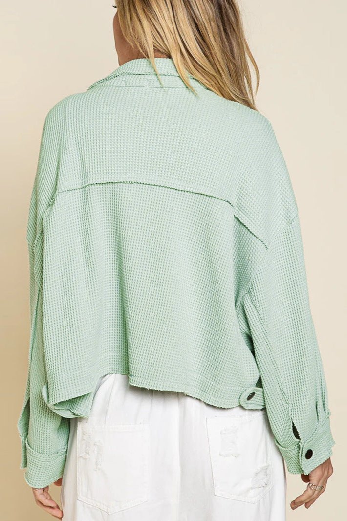 Mint Green Long Sleeve Solid Color Collared Jacket