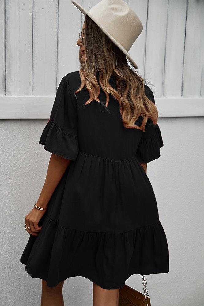 Black Sexy Frill V-Neck Drawstring Tie Smock Dress