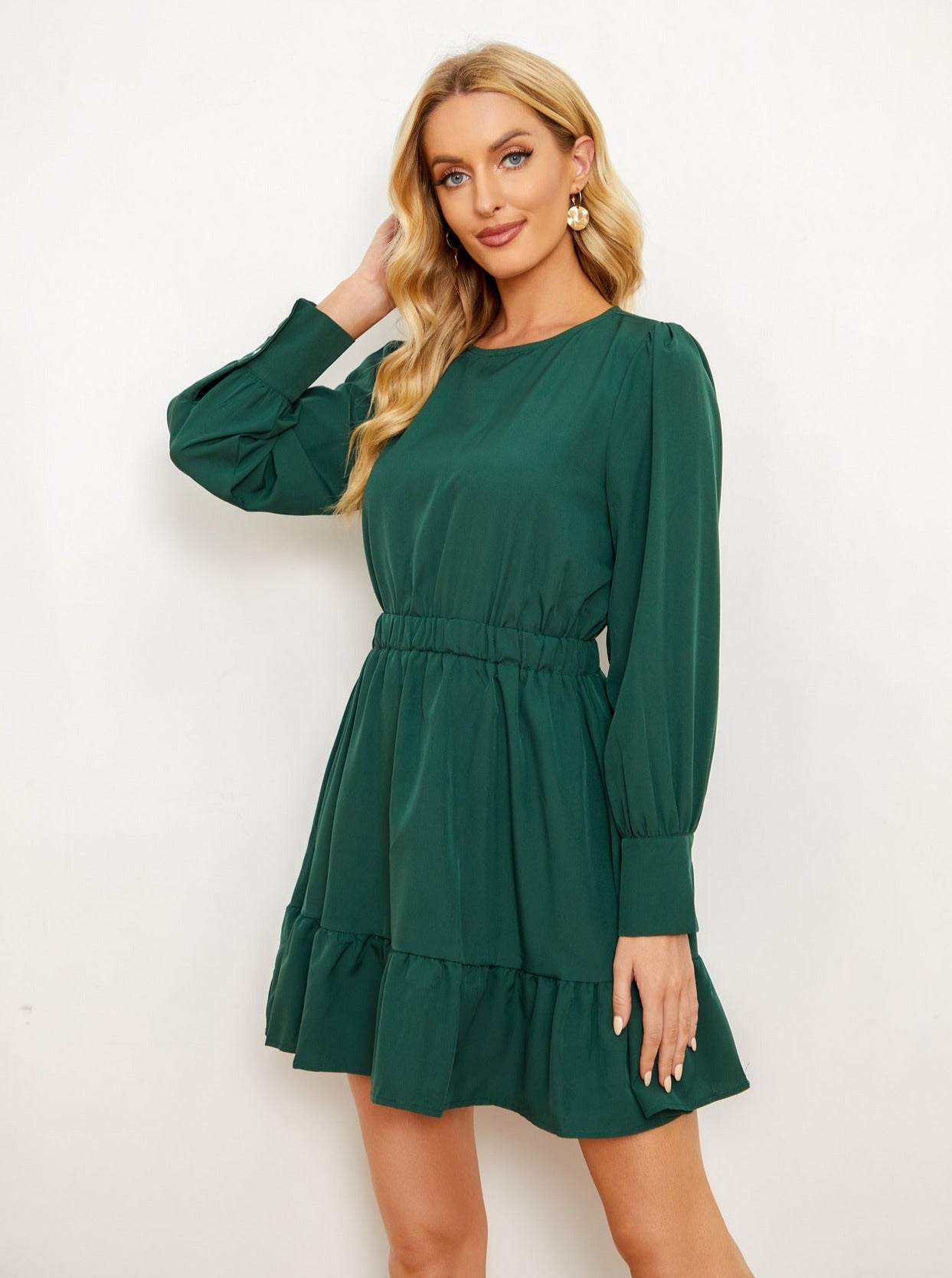 Solid Color Ruffle Long Sleeve Short Dress