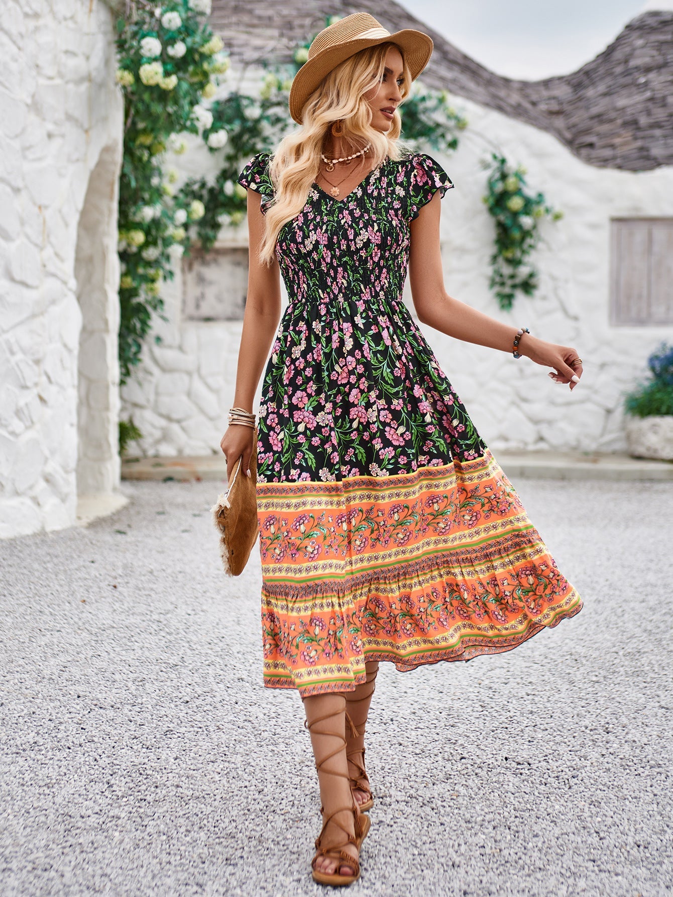 Casual Boho Floral Pleated High Waist Slim Dress