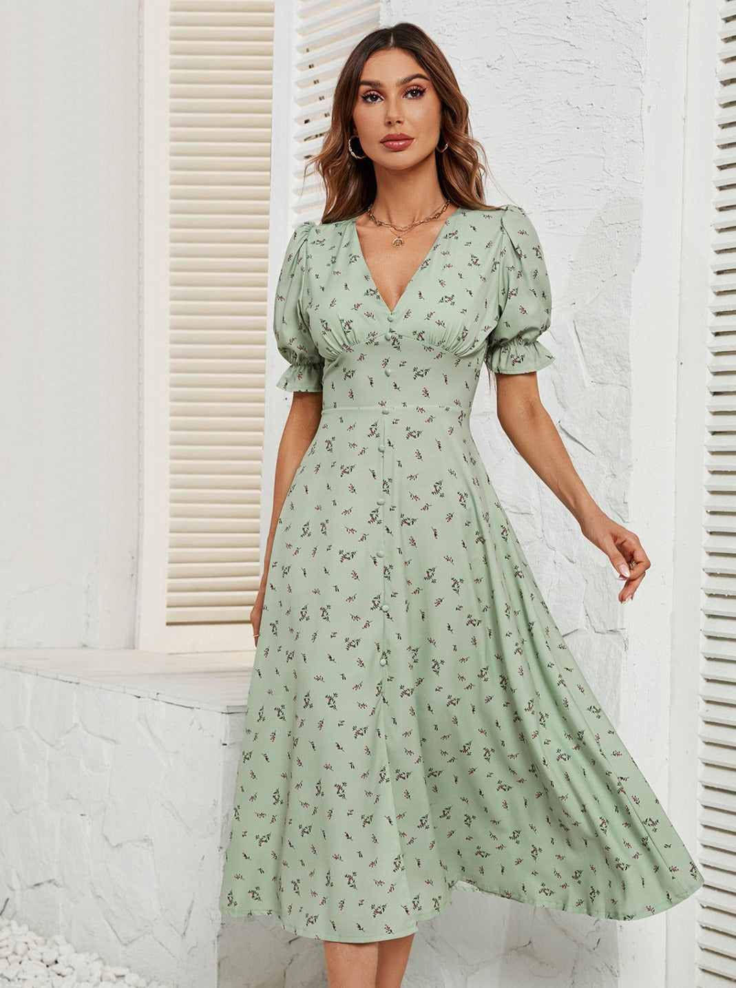 Floral Summer Short Sleeve V-Neck Midi Dress