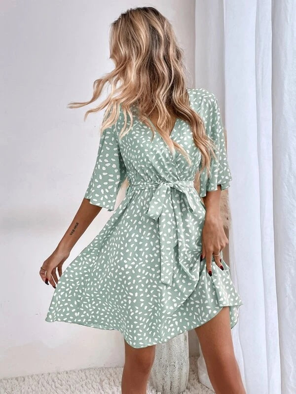 V-Neck Overall Printed Half Sleeve Dress