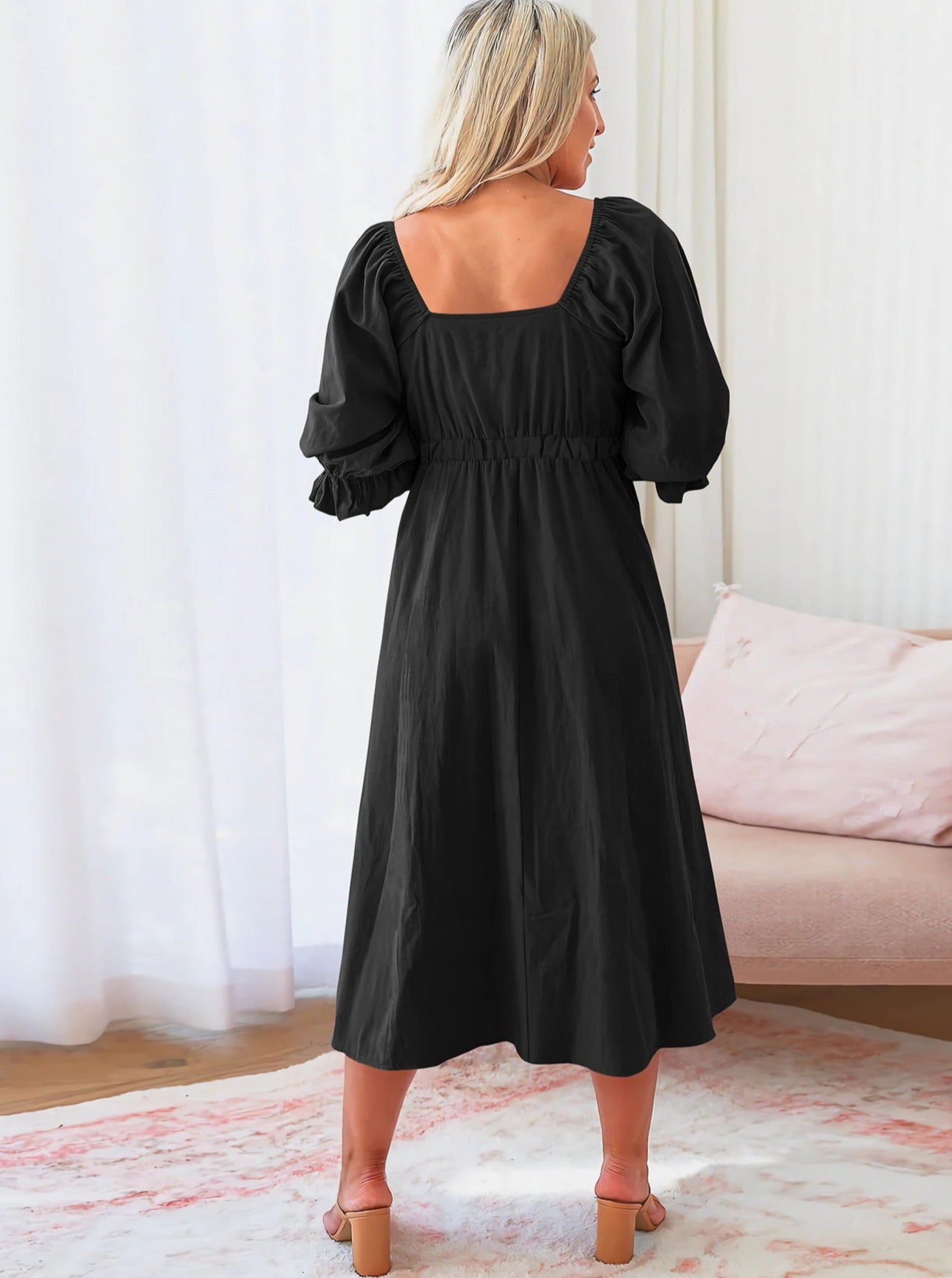 Square Neck Knotted Puff Sleeves Cutout Casual Summer Dress