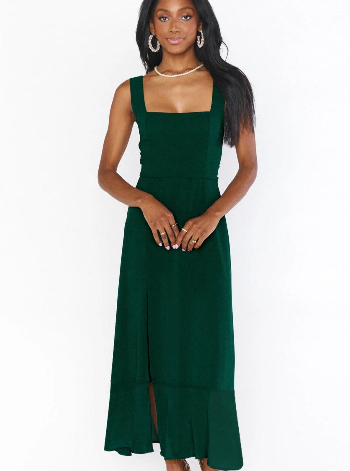 Elegant Solid Color Square Neck Midi Dress