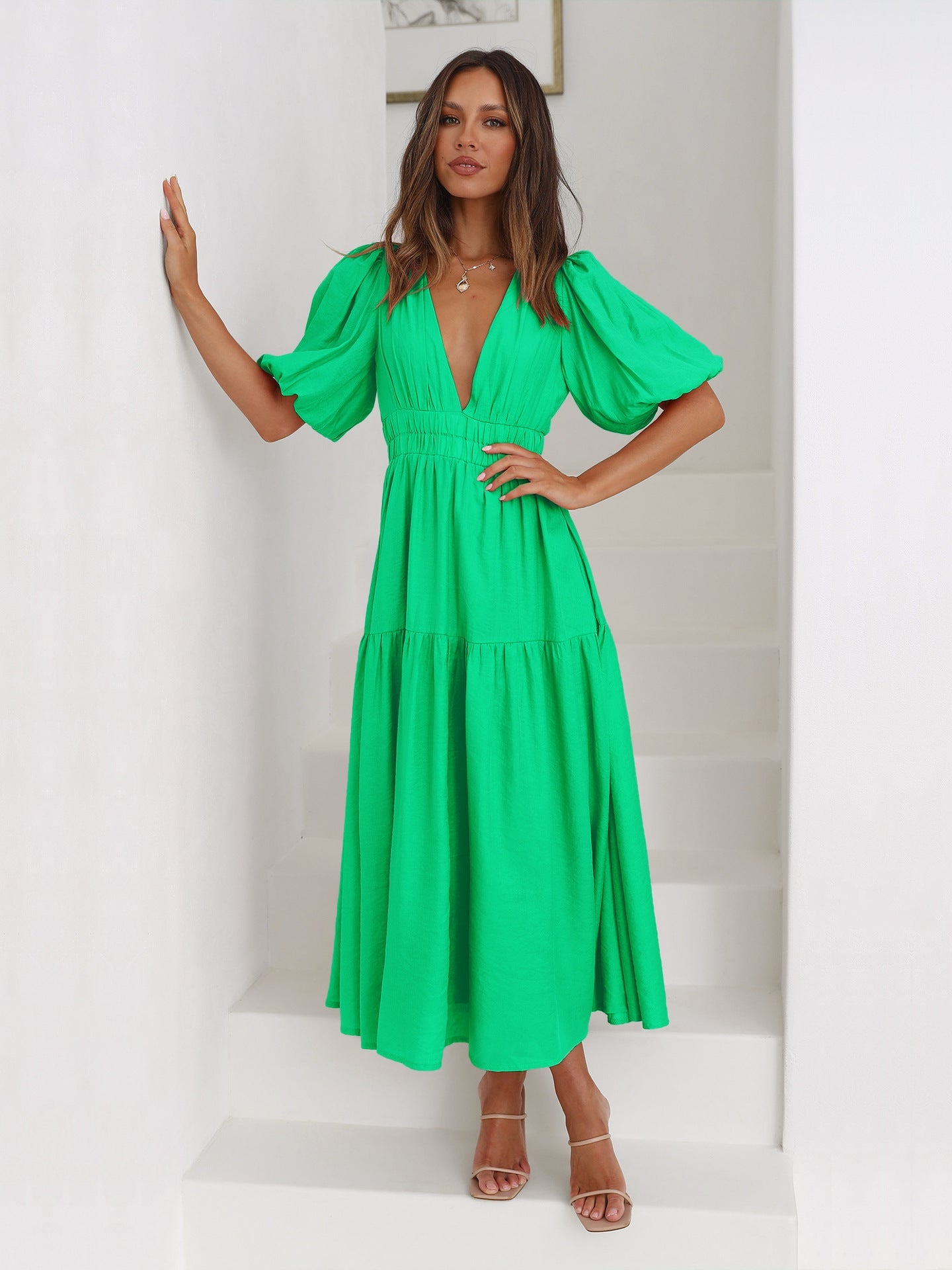 Green Deep V-Neck Puff Sleeve Layered Dress