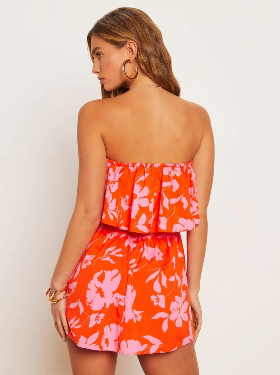 Red Strapless Tropical Printed Tube Top Dress