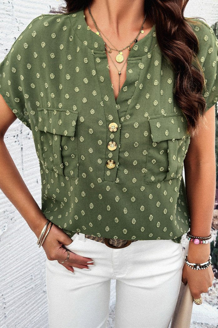 Green Chic Cap Sleeve V-Neck Embroidered Blouse