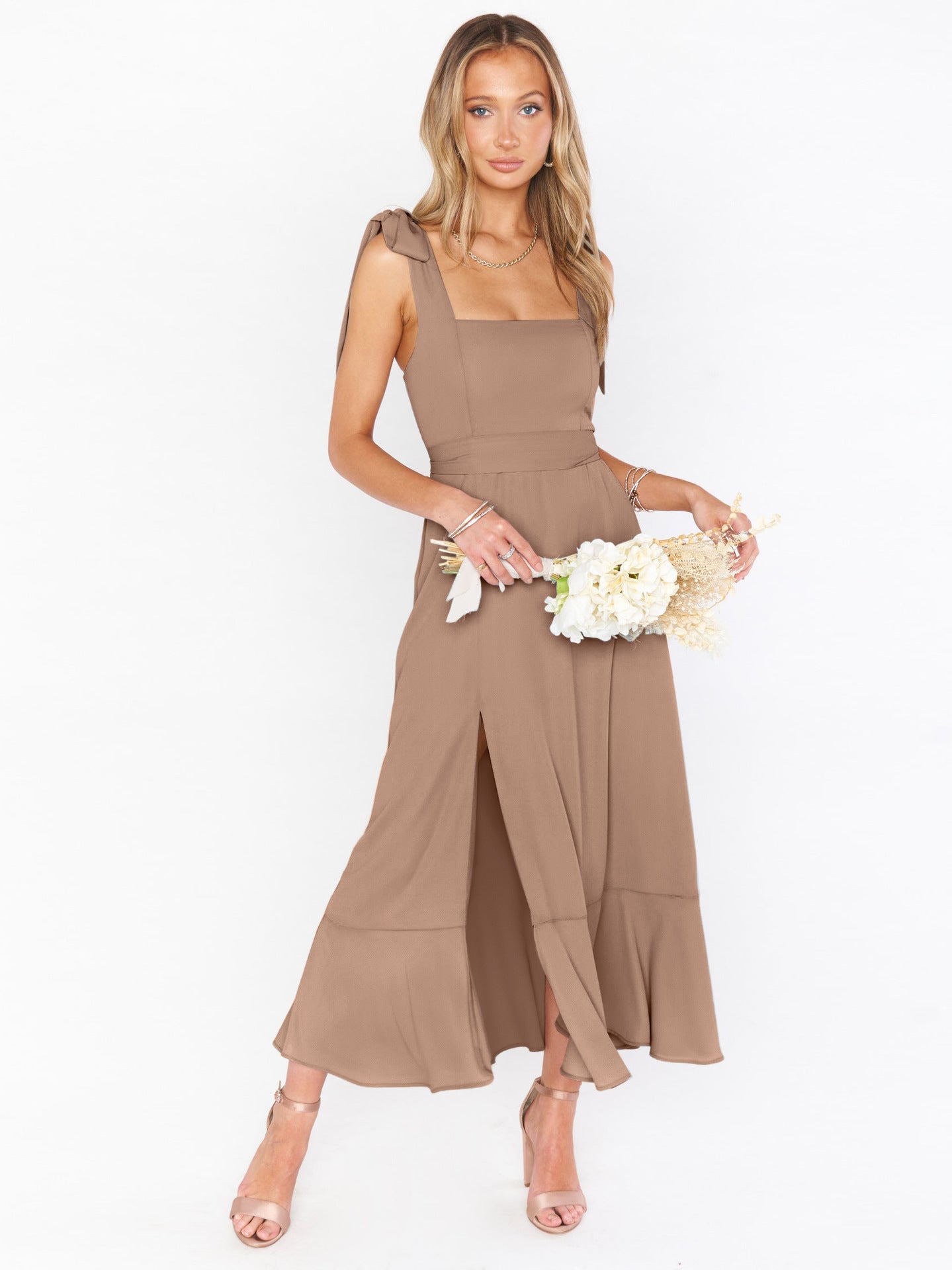 Elegant Solid Color Square Neck Midi Dress