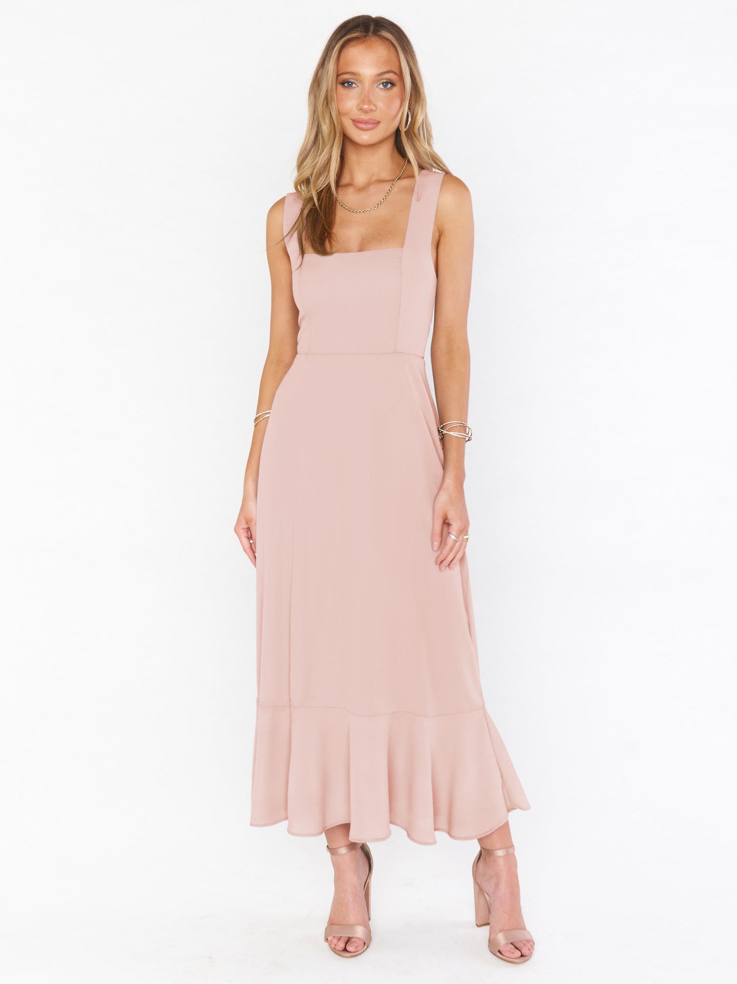 Elegant Solid Color Square Neck Midi Dress