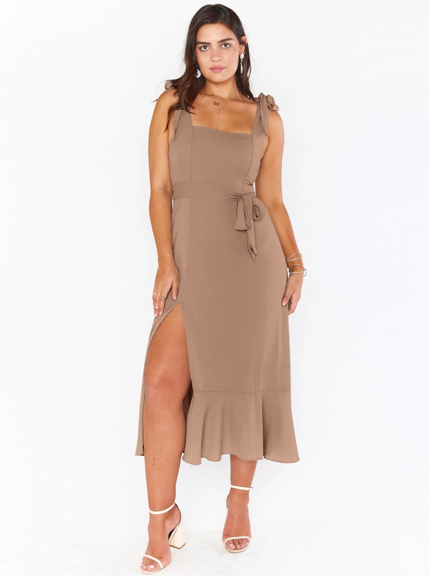 Sommerkleider Midi Braun Schleife Elegant Leinen Maxi mit Schlitz