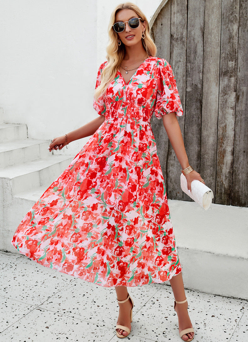 Casual V-Neck Printed High Waist Long Dress