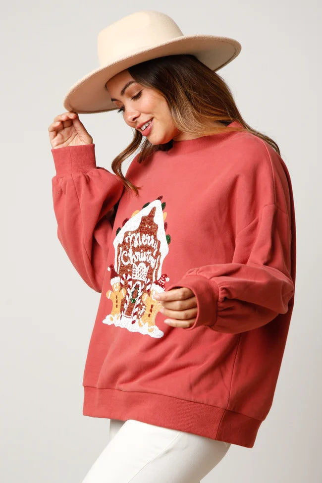 Weihnachtspullover Damen Oversize Lebkuchenmotiv Langarm Rundhals