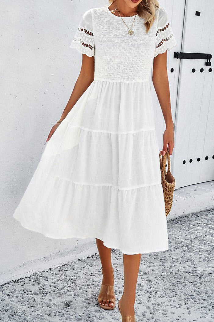 Casual Solid Crochet Lace Sleeve A-Line Midi Dress