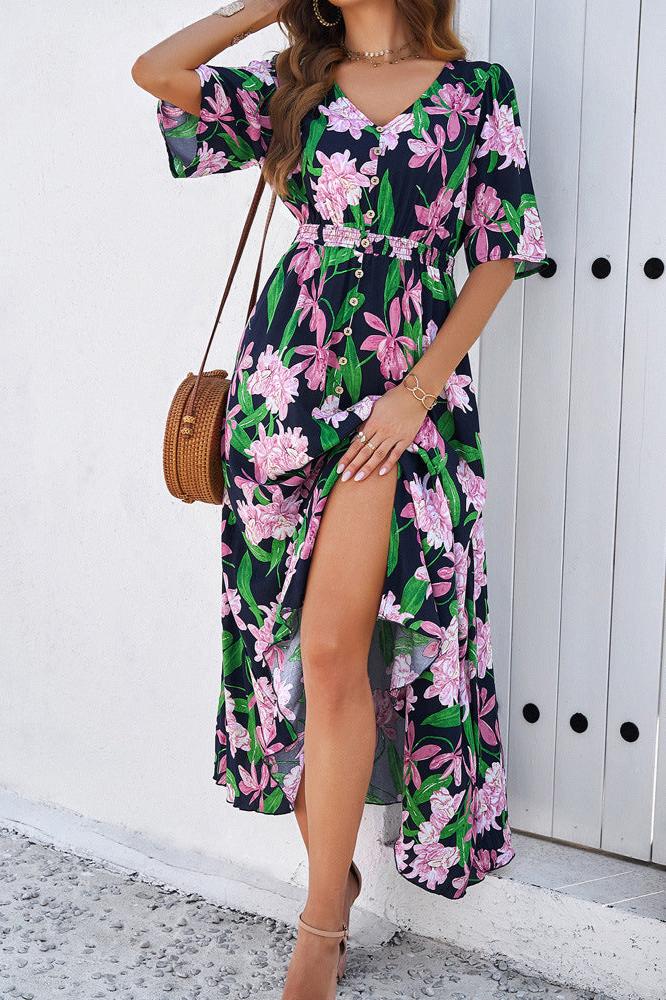 Deep Blue Chic Summer Floral V-Neck Side Slit Midi Dress