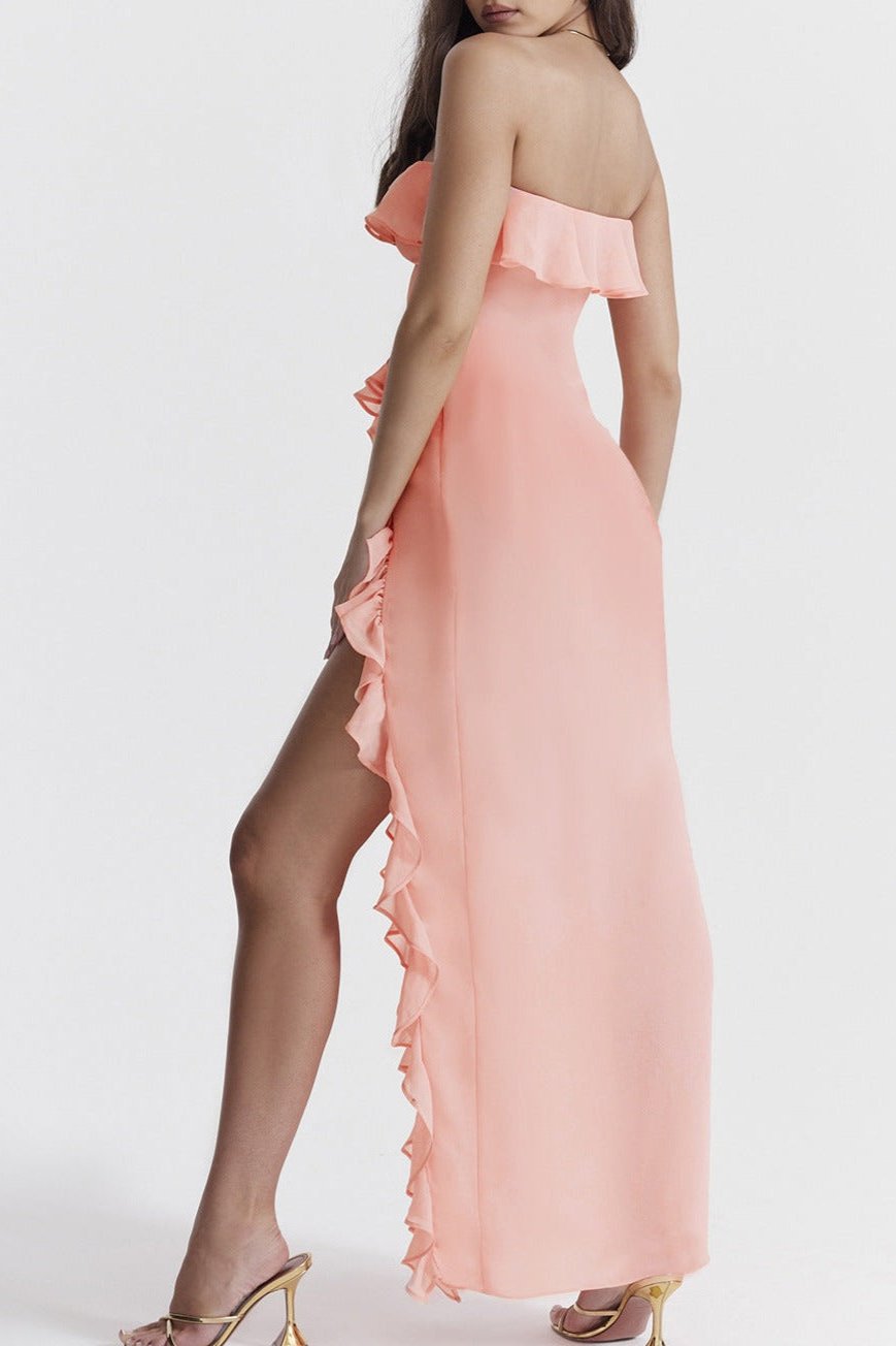 Orange Classy Strapless Ruffle Asymmetrical Dress