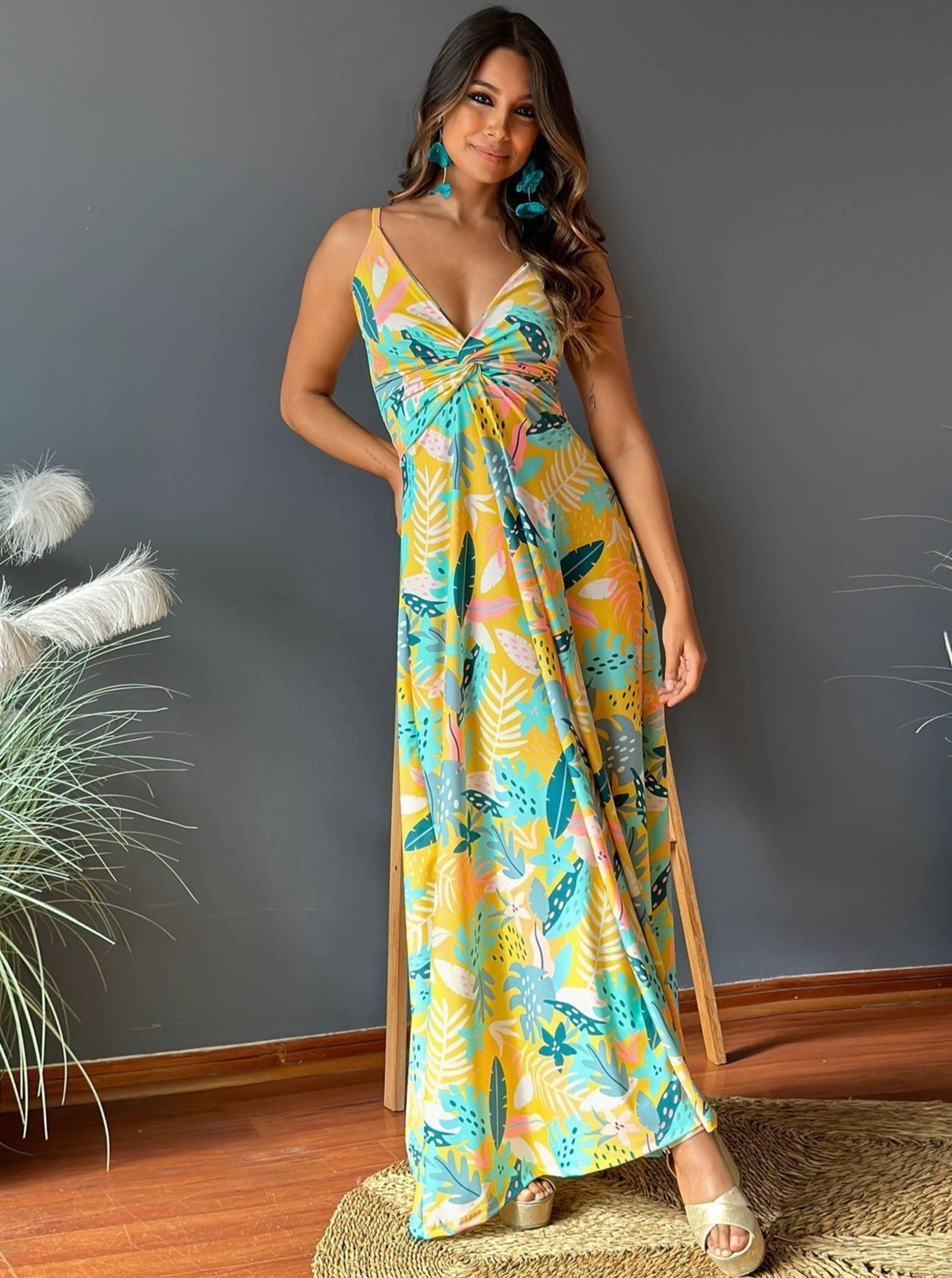 Elegant V-Neck Printed Twisted Chic Long A-Line Dress