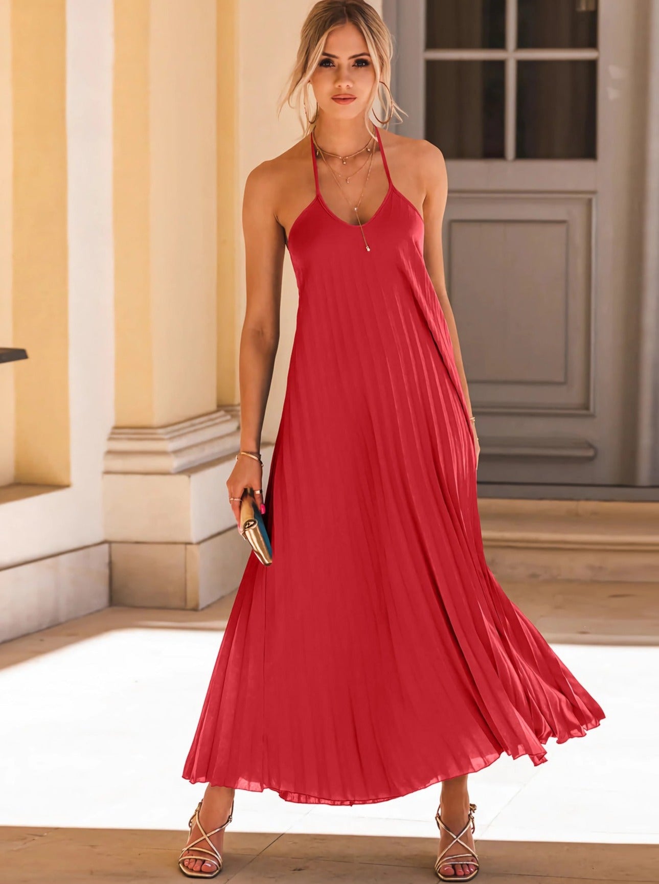 Pleated Halter Neck Sleeveless Maxi Dress