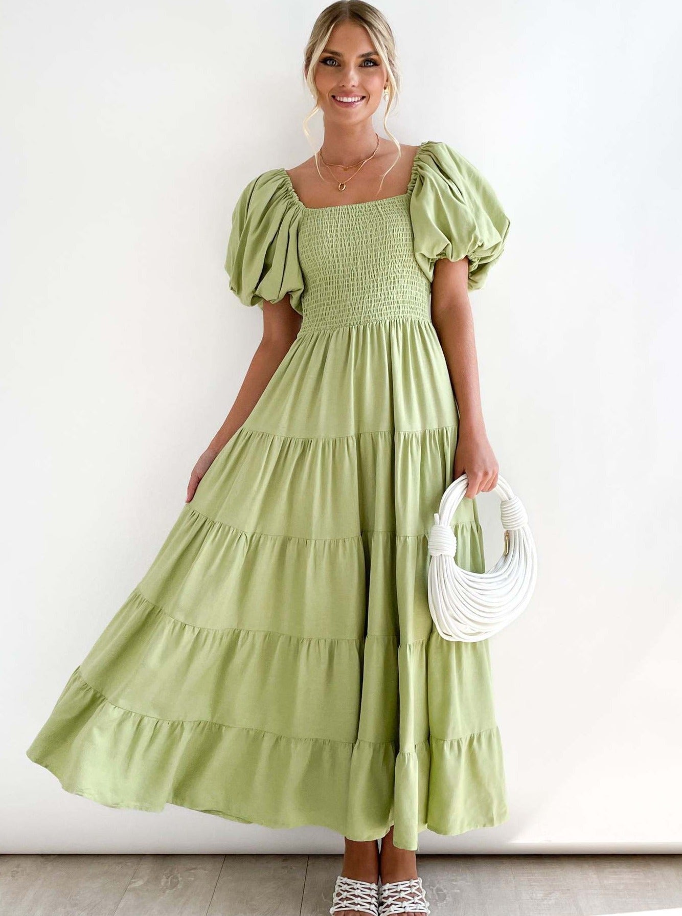 Smocked Square Neck Puff Sleeve Dress