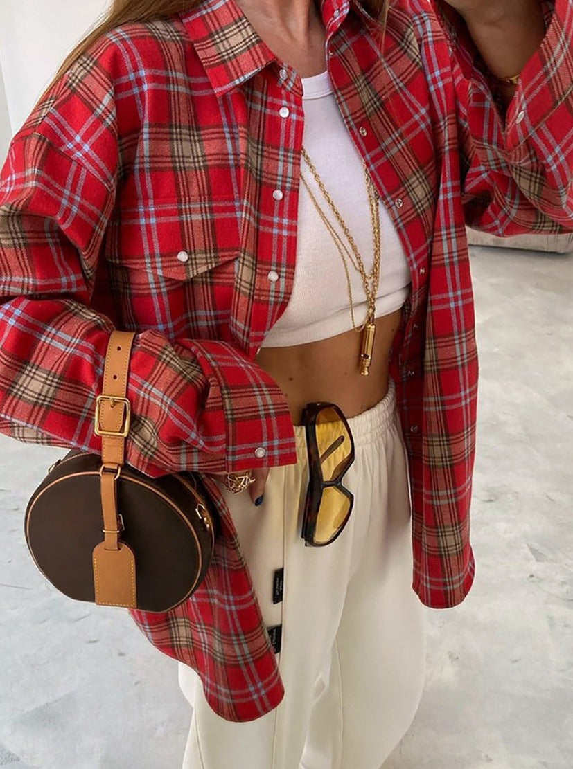 Loose Red Plaid Button Down Jacket