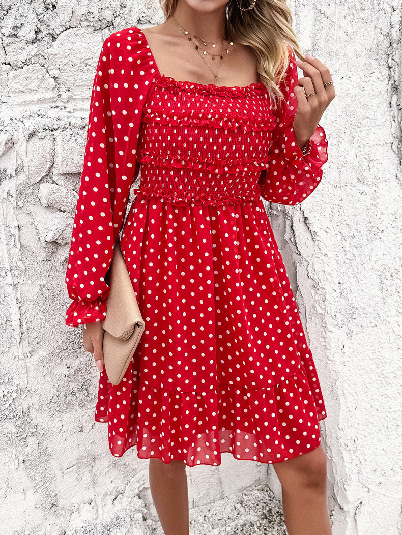 Casual Red Off Shoulder Polka Dot Dress