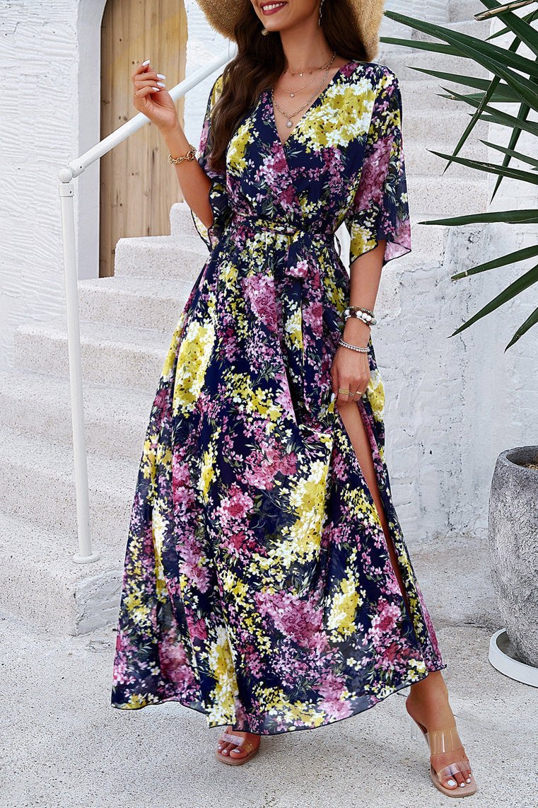 Floral V-Neck Wrap Around Belted Midi Dress