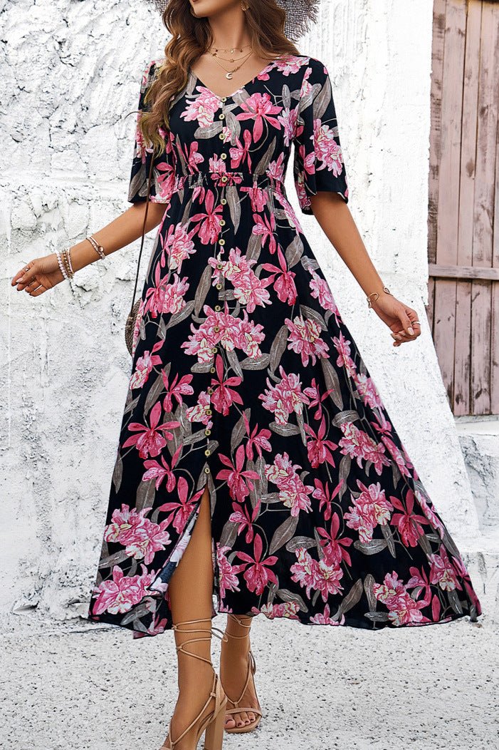 Chic Summer Floral V-Neck Side Slit Midi Dress